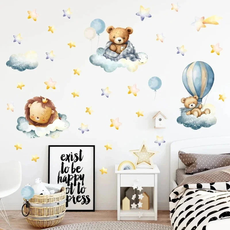 Adesivos de Parede Animais Urso e Leão com Estrelas Lenogue