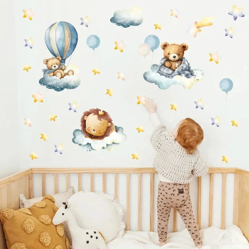 Adesivos de Parede Animais Urso e Leão com Estrelas Lenogue