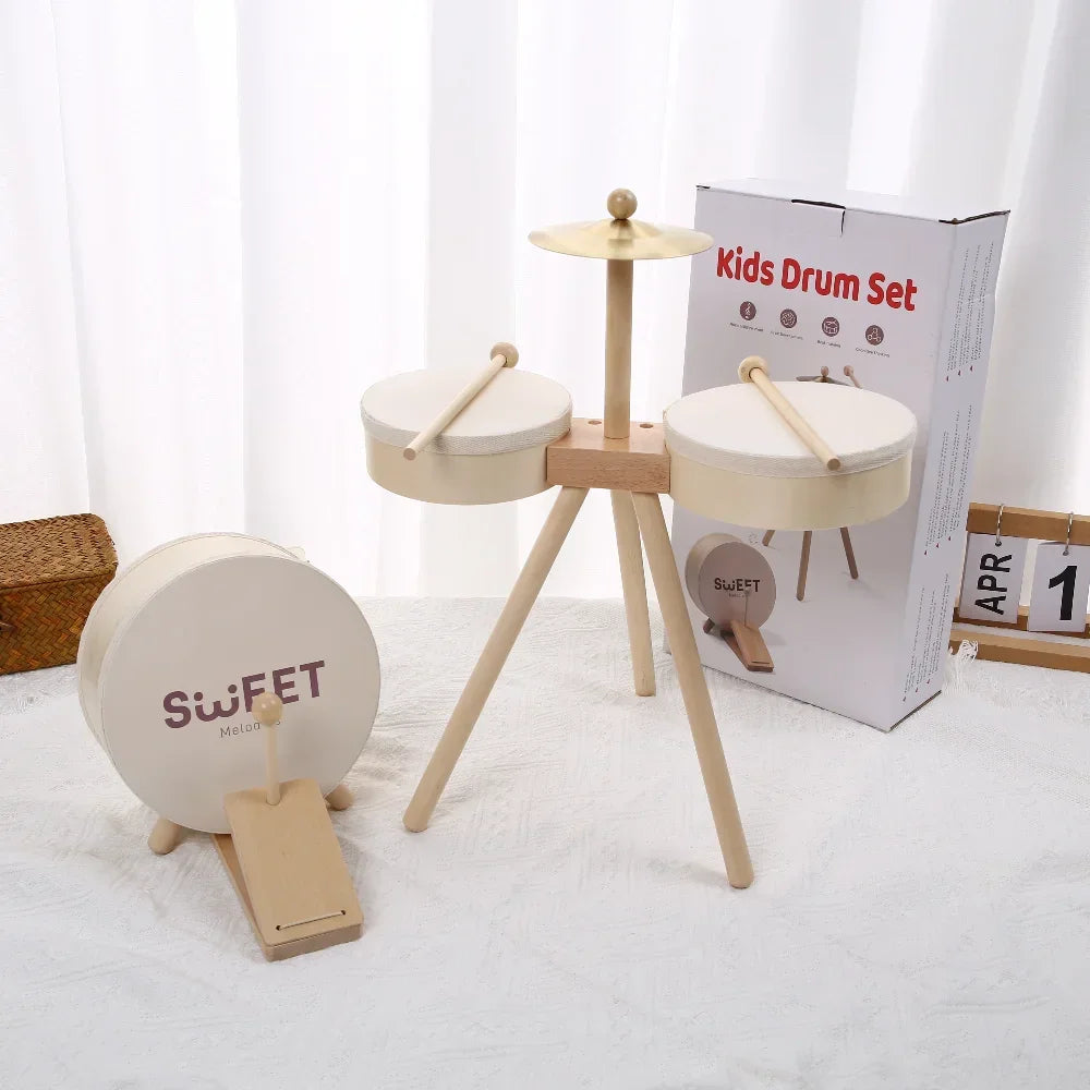 Bateria Infantil de Madeira Educativa Percussão Lenogue Bege e Branco