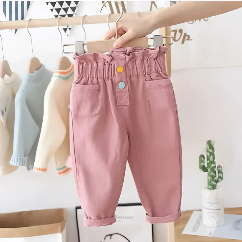 Calça Infantil Jeans Cecília Rosa e Bege Lenogue / 6-12 Meses