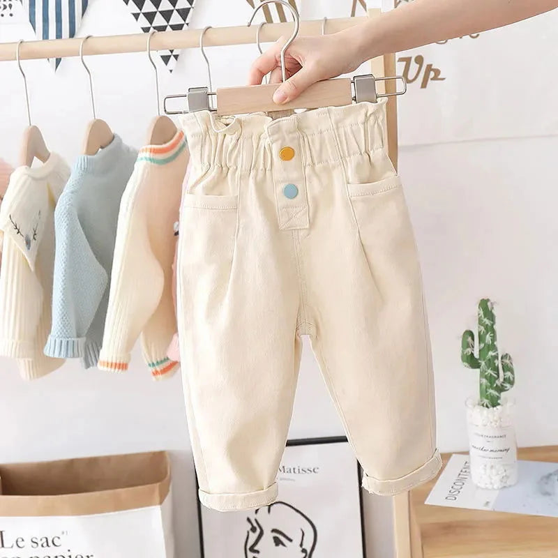 Calça Infantil Jeans Cecília Rosa e Bege Lenogue / 6-12 Meses