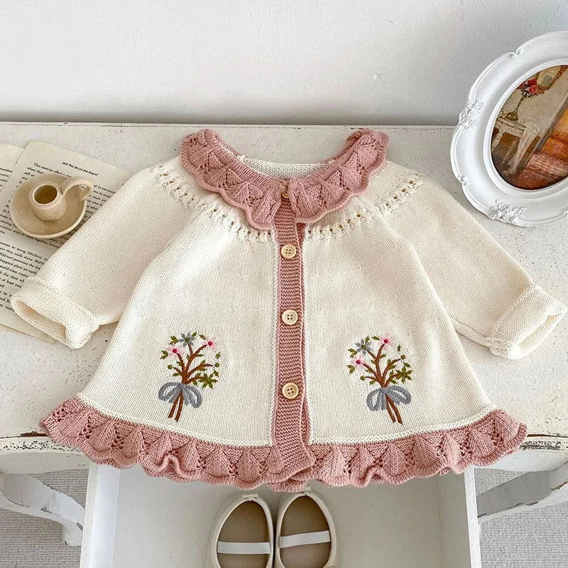 Casaco Infantil Cardigan Tricot Bouquet Floral Lenogue Bege / 0-3 Meses