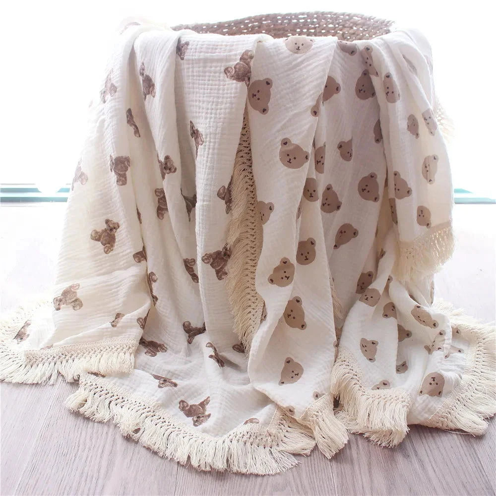Cobertor Infantil Muslin Ursinho Bege Lenogue Cabeça Urso / 80x65cm