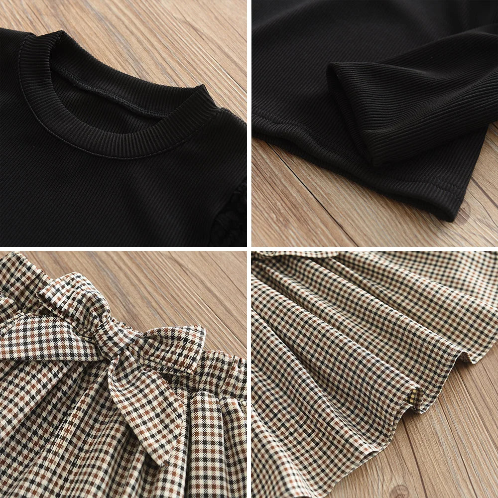 Conjunto Infantil 3 Peças Blusa Bufante Saia Xadrez e Chapéu Lenogue