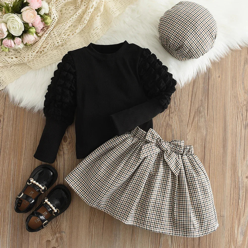 Conjunto Infantil 3 Peças Blusa Bufante Saia Xadrez e Chapéu Lenogue