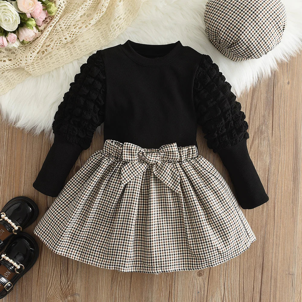 Conjunto Infantil 3 Peças Blusa Bufante Saia Xadrez e Chapéu Lenogue