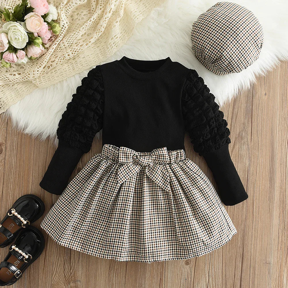 Conjunto Infantil 3 Peças Blusa Bufante Saia Xadrez e Chapéu Lenogue