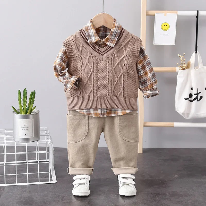 Conjunto Infantil 3 Peças Camisa Xadrez Colete e Calça Lenogue