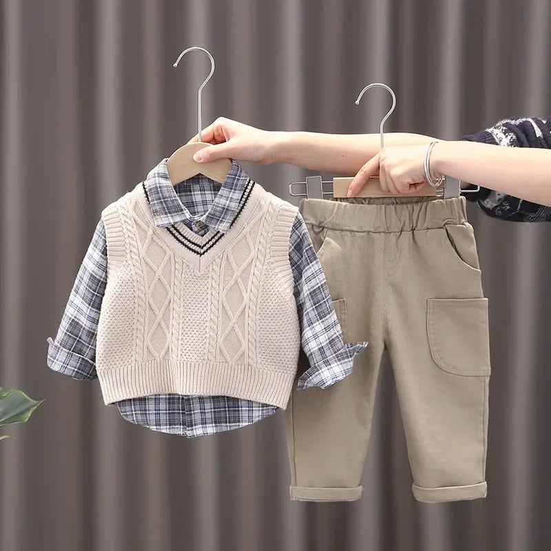Conjunto Infantil 3 Peças Camisa Xadrez Colete e Calça Lenogue Bege / 6-12 Meses