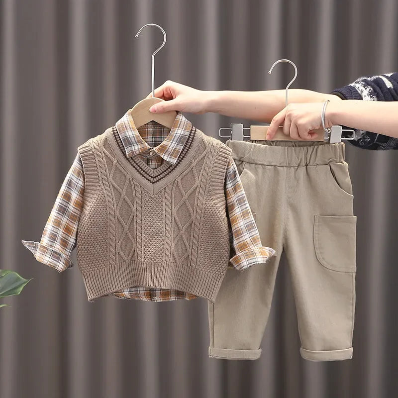 Conjunto Infantil 3 Peças Camisa Xadrez Colete e Calça Lenogue Marrom / 6-12 Meses