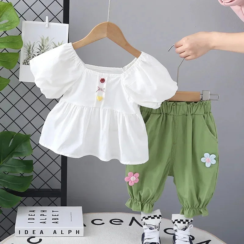 Conjunto Infantil Blusa Manga Bufante com Saia Lenogue Branco / 6-12 Meses
