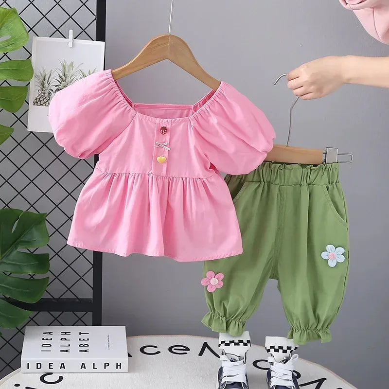 Conjunto Infantil Blusa Manga Bufante com Saia Lenogue Rosa / 6-12 Meses