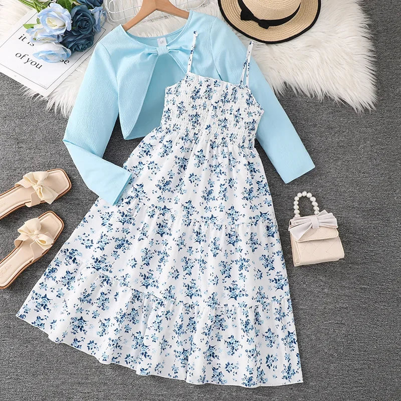 Conjunto Infantil Blusa Manga Longa Vestido Chérie Lenogue Azul / 7-8