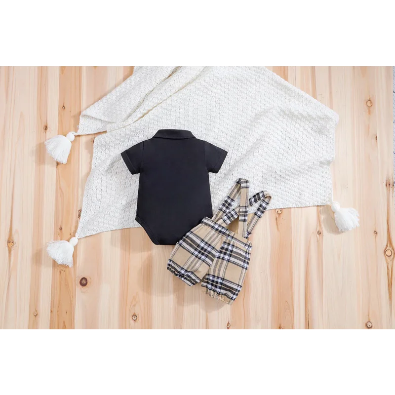 Conjunto Infantil Body Xadrez com Suspensório Modelo Urso Lenogue