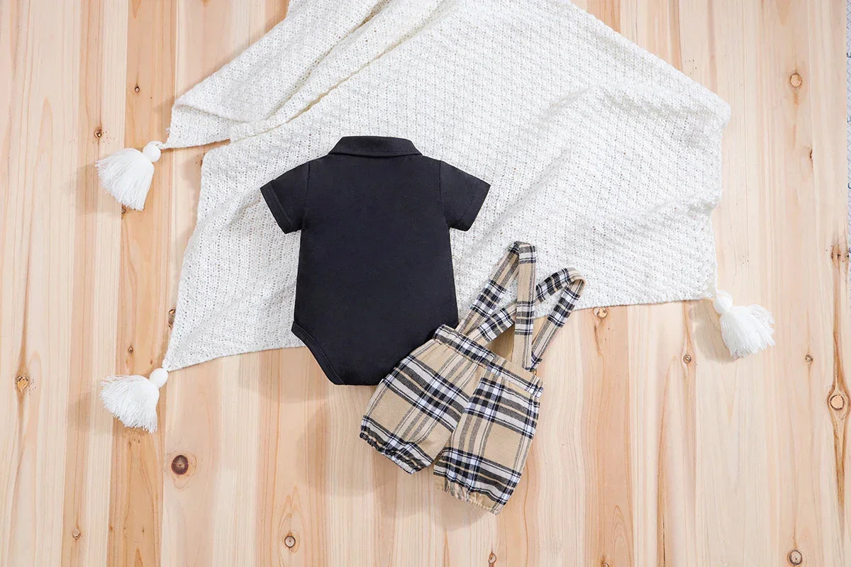 Conjunto Infantil Body Xadrez com Suspensório Modelo Urso Lenogue