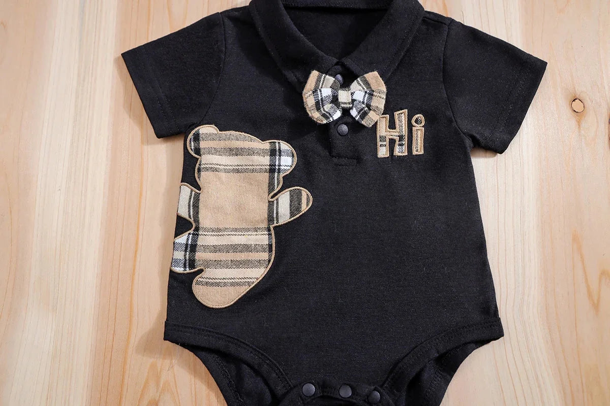 Conjunto Infantil Body Xadrez com Suspensório Modelo Urso Lenogue
