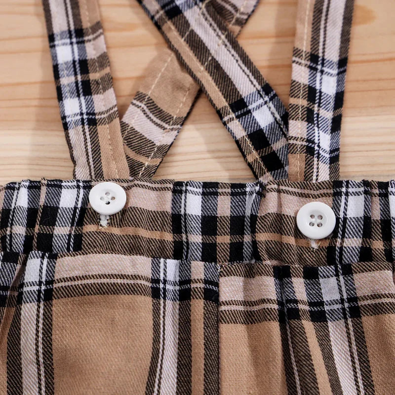 Conjunto Infantil Body Xadrez com Suspensório Modelo Urso Lenogue