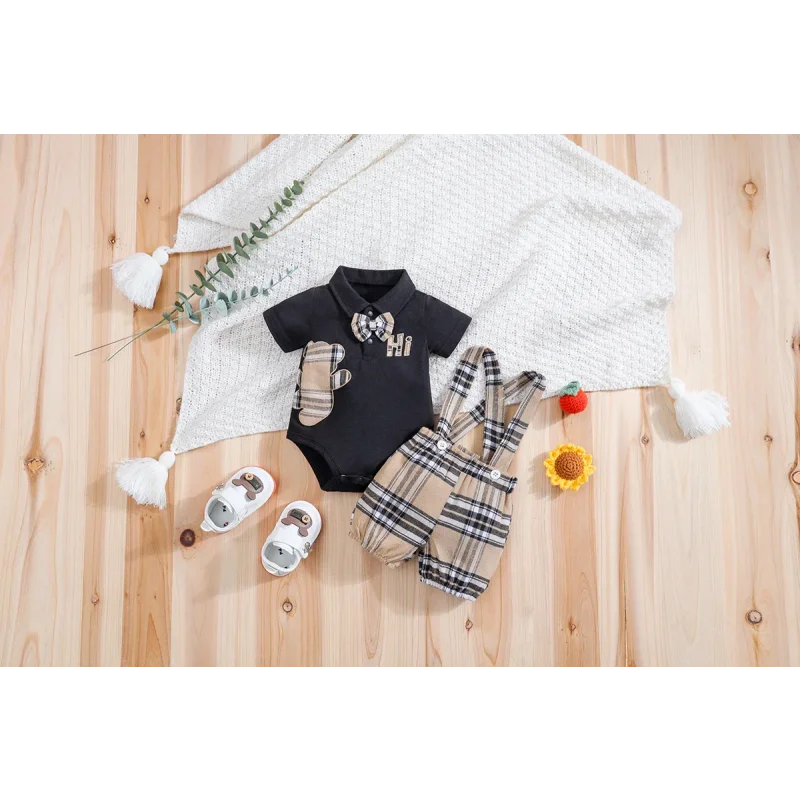 Conjunto Infantil Body Xadrez com Suspensório Modelo Urso Lenogue