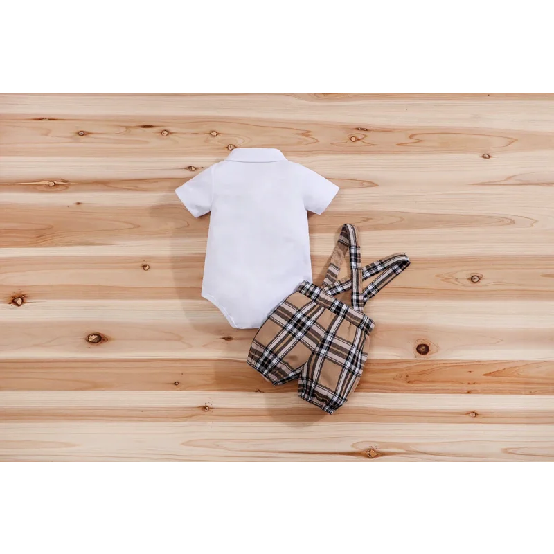 Conjunto Infantil Body Xadrez com Suspensório Modelo Urso Lenogue