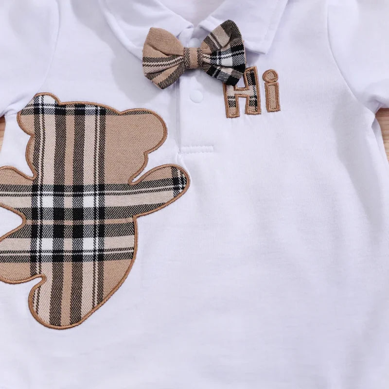 Conjunto Infantil Body Xadrez com Suspensório Modelo Urso Lenogue