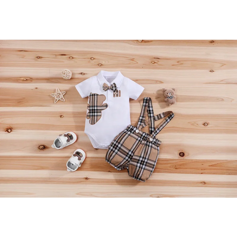 Conjunto Infantil Body Xadrez com Suspensório Modelo Urso Lenogue