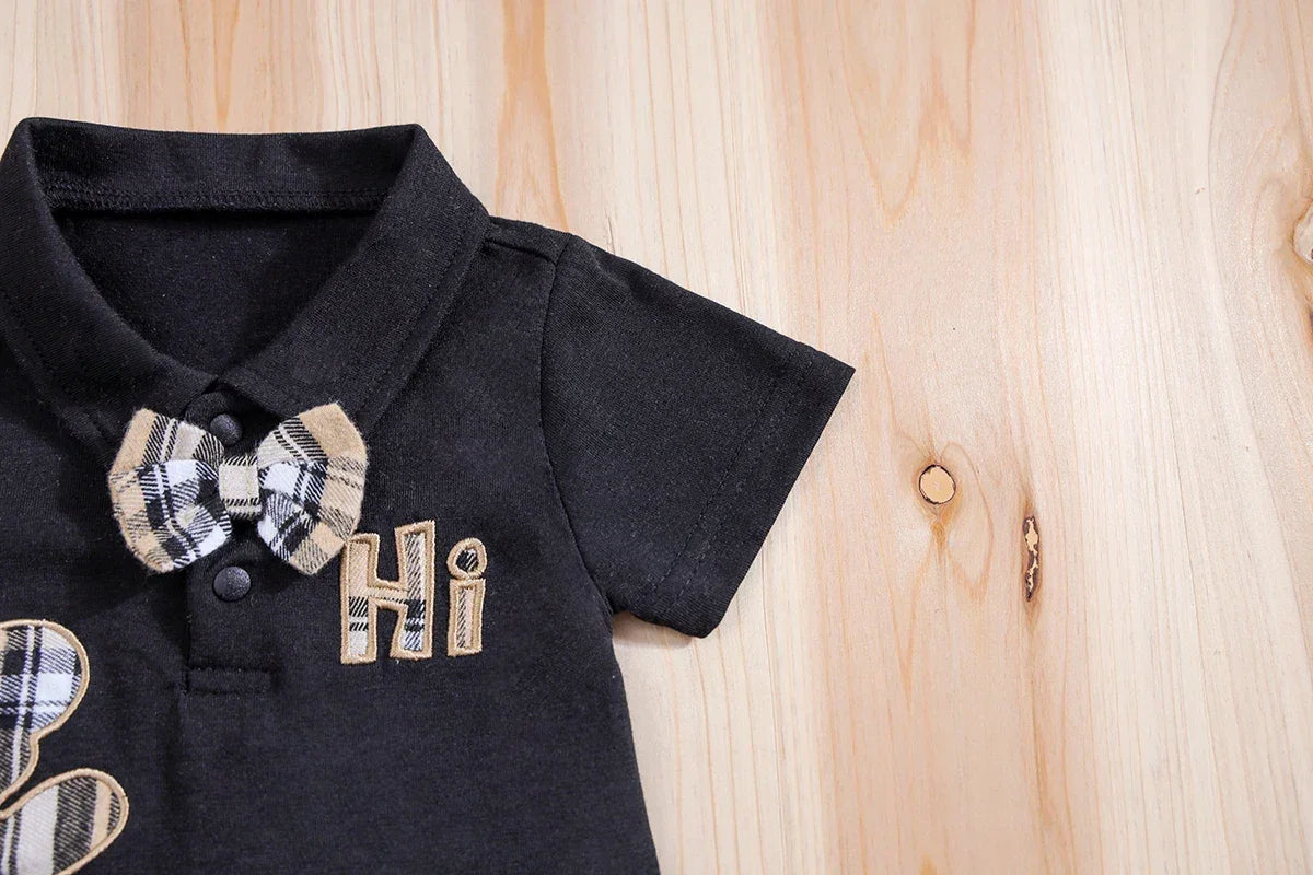Conjunto Infantil Body Xadrez com Suspensório Modelo Urso Lenogue