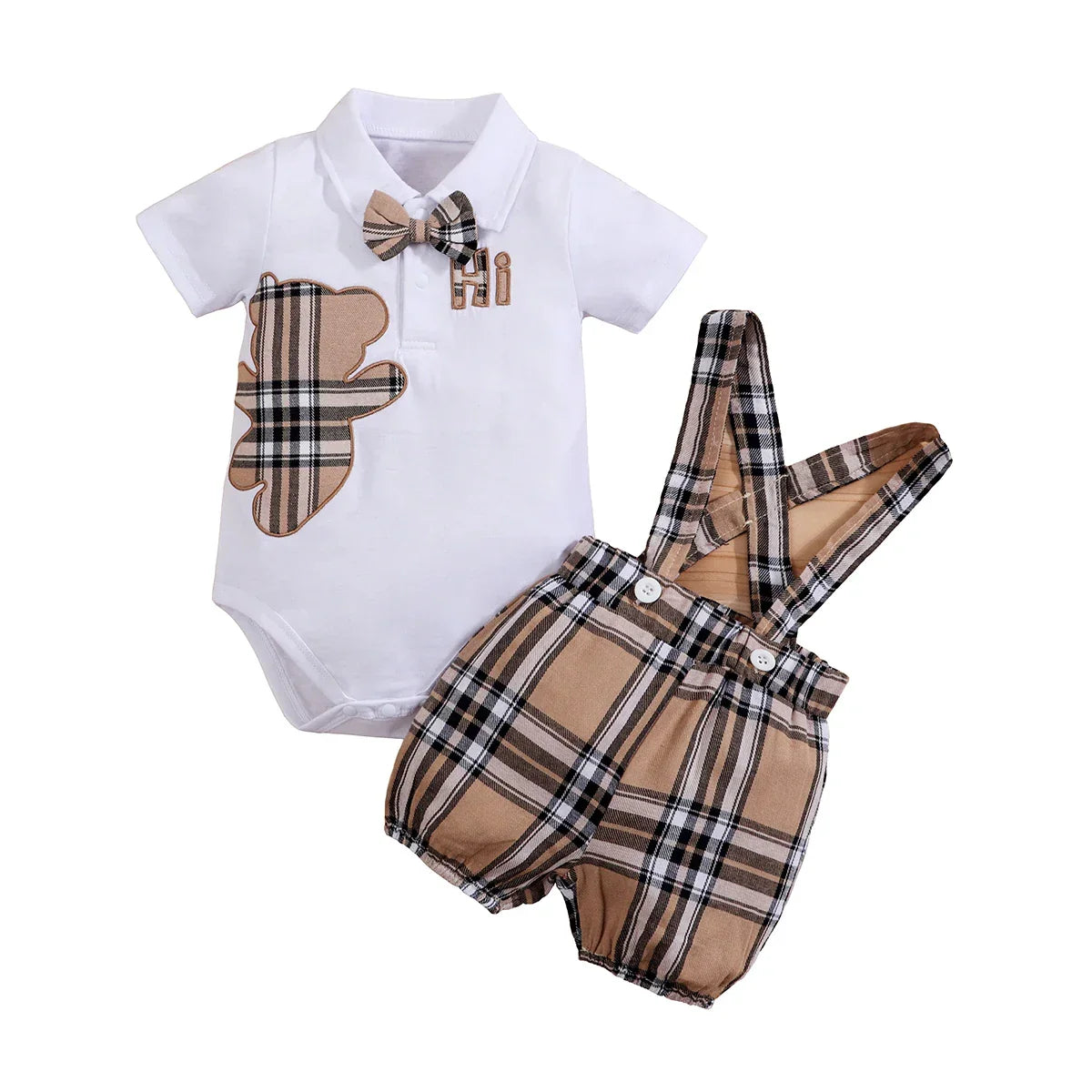 Conjunto Infantil Body Xadrez com Suspensório Modelo Urso Lenogue