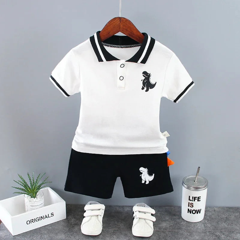 Conjunto Infantil Camisa Gola Polo Dinossauro com Shorts Modelo Lenogue Branco / 6-12 Meses