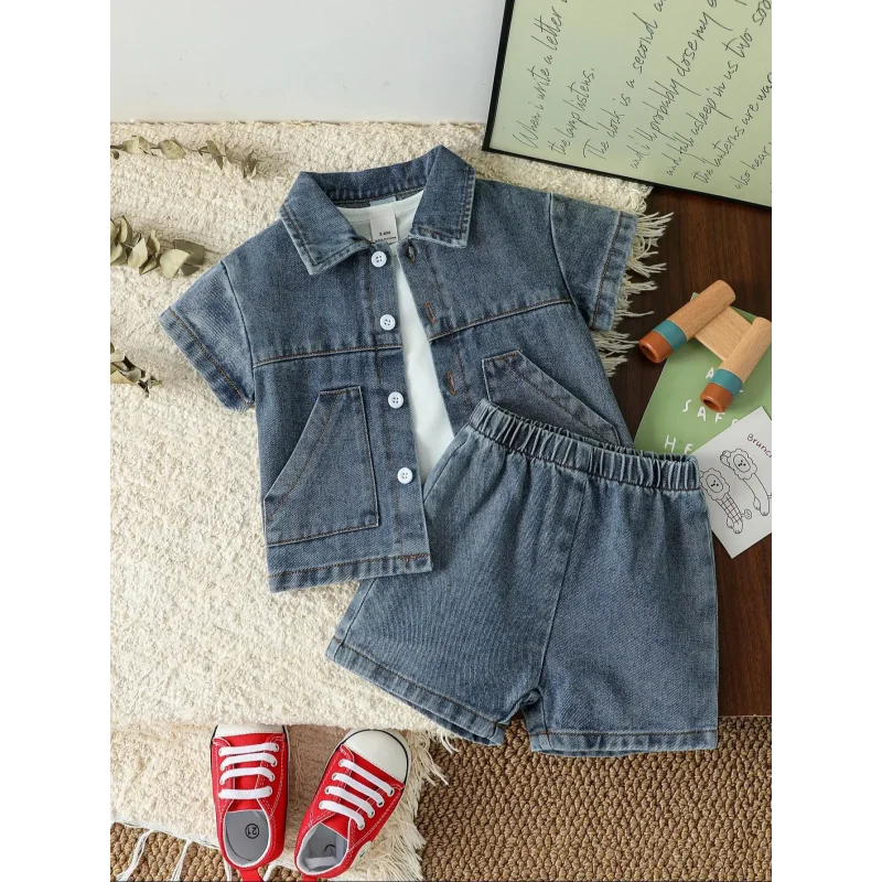 Conjunto Infantil Camisa Jeans e Shorts Modelo Denim Lenogue