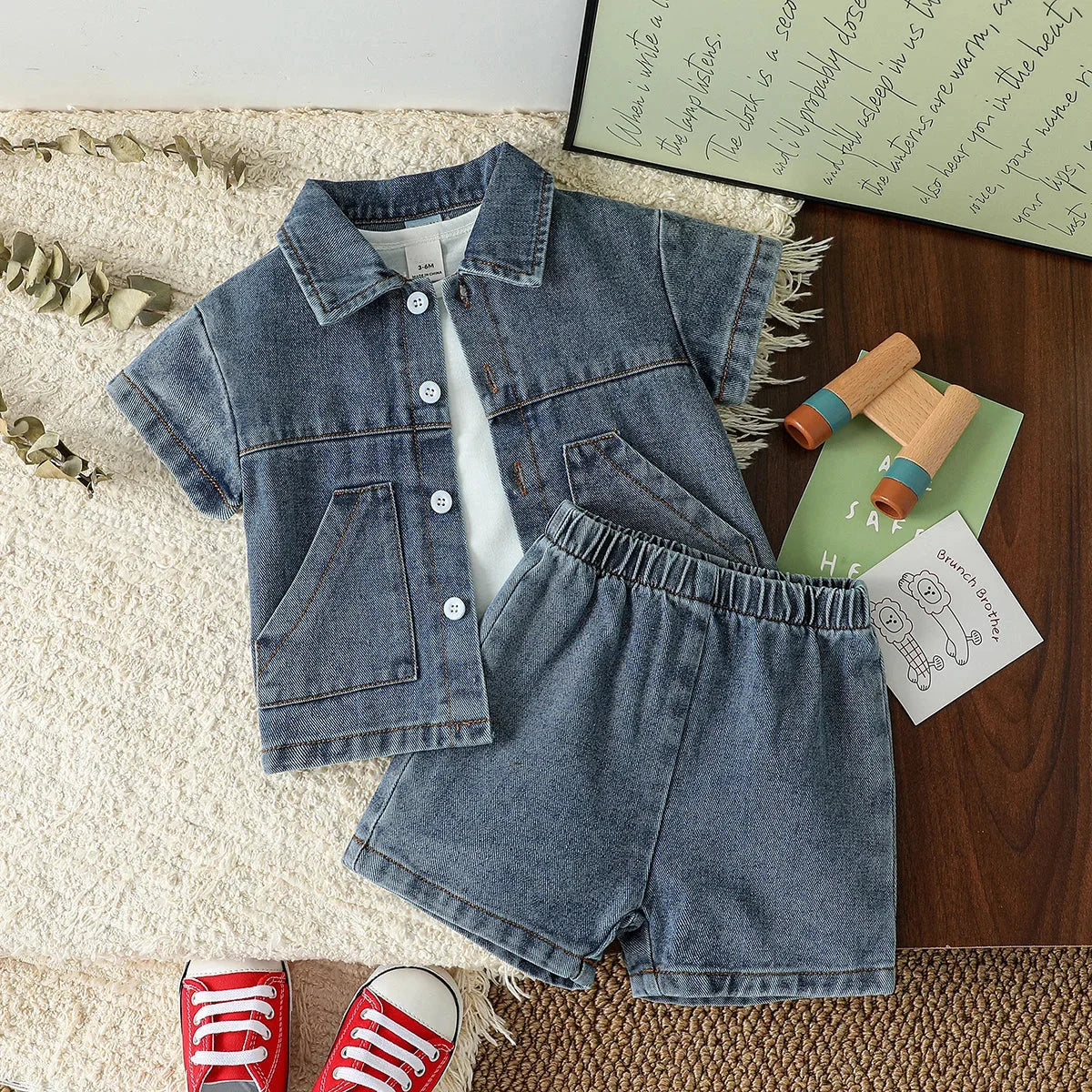 Conjunto Infantil Camisa Jeans e Shorts Modelo Denim Lenogue Azul / 3-6 Meses