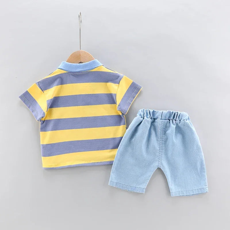 Conjunto Infantil Camisa Polo com Shorts Jeans de Verão Lenogue