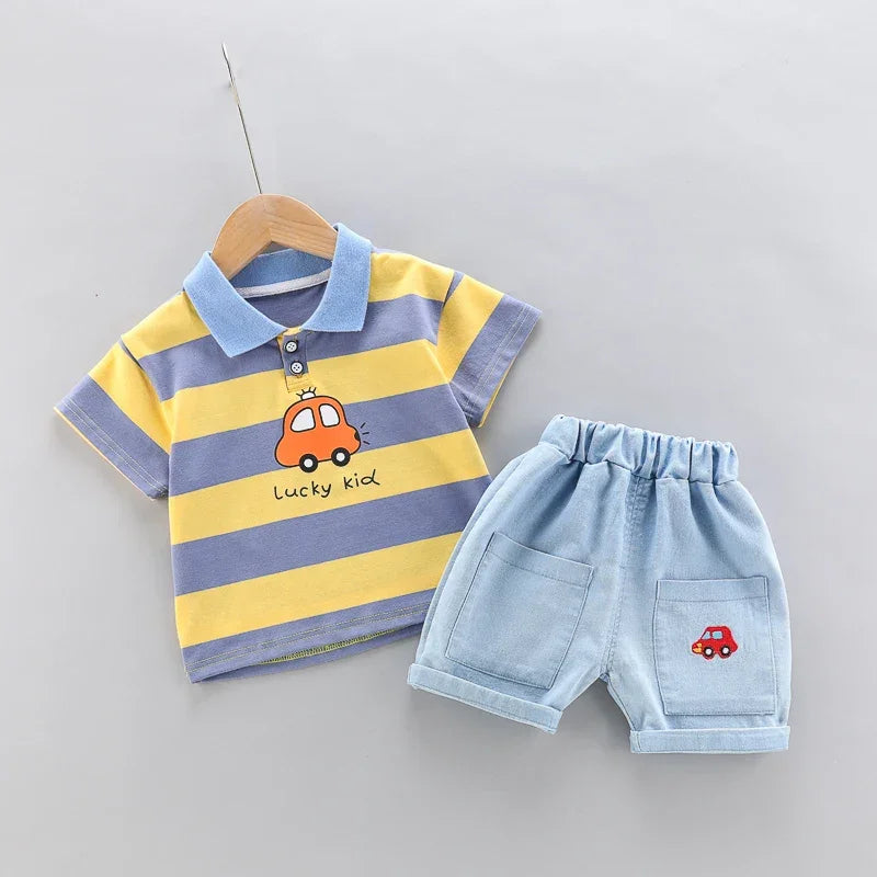 Conjunto Infantil Camisa Polo com Shorts Jeans de Verão Lenogue