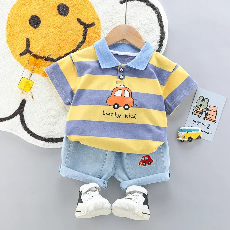 Conjunto Infantil Camisa Polo com Shorts Jeans de Verão Lenogue Amarelo / 6-12 Meses