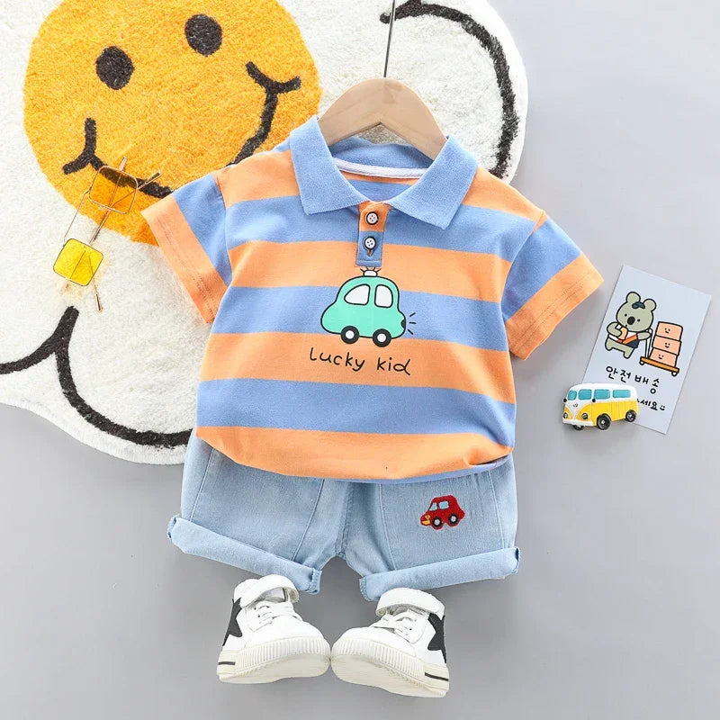 Conjunto Infantil Camisa Polo com Shorts Jeans de Verão Lenogue Laranja / 6-12 Meses