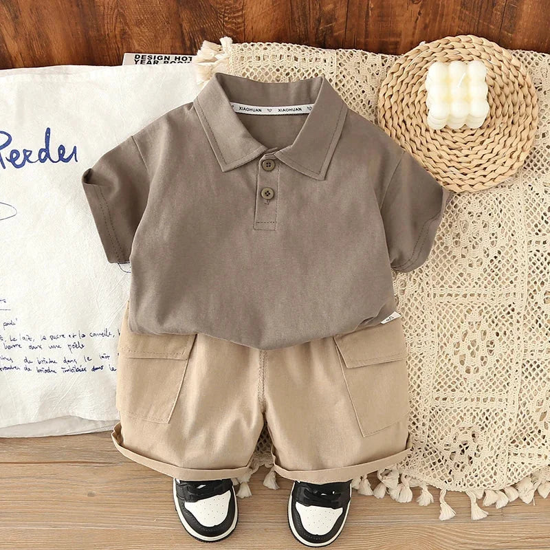 Conjunto Infantil Camisa Polo Manga Curta com Shorts Lenogue Marrom / 6-12 Meses