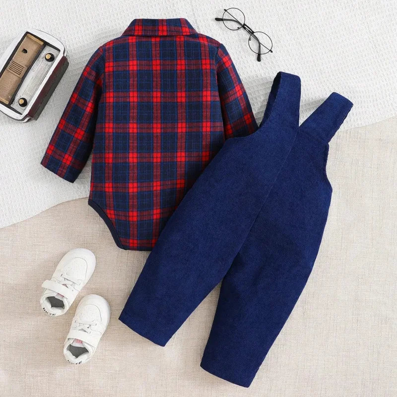 Conjunto Infantil Camisa Xadrez Manga Longa e Macacão Cotelê Lenogue