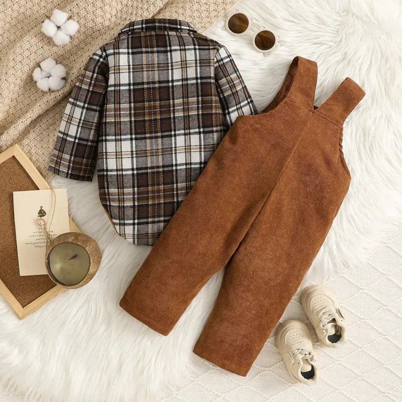 Conjunto Infantil Camisa Xadrez Manga Longa e Macacão Cotelê Lenogue