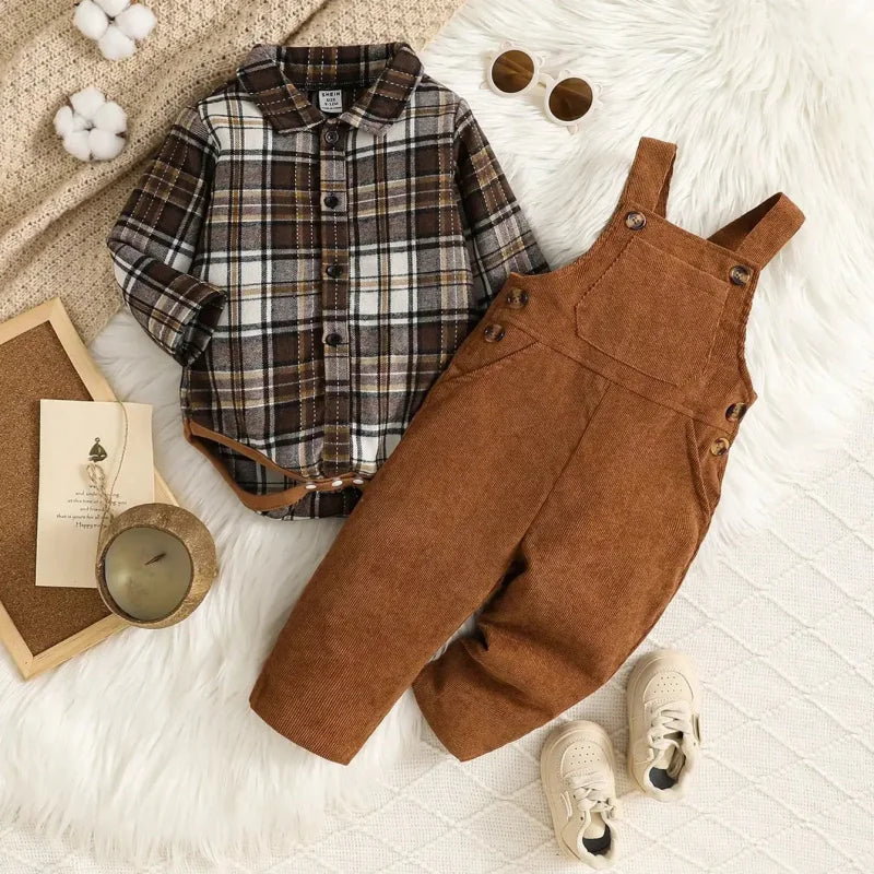 Conjunto Infantil Camisa Xadrez Manga Longa e Macacão Cotelê Lenogue Marrom / 3-6 Meses