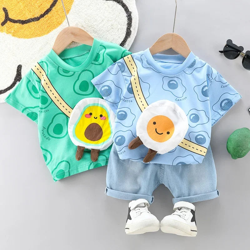 Conjunto Infantil Camiseta com Bolsa e Shorts Modelo Cartoon Lenogue