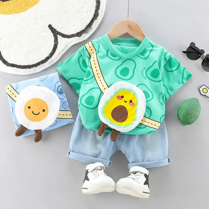 Conjunto Infantil Camiseta com Bolsa e Shorts Modelo Cartoon Lenogue