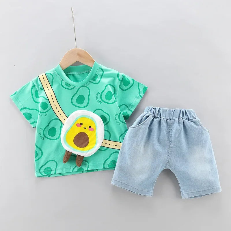 Conjunto Infantil Camiseta com Bolsa e Shorts Modelo Cartoon Lenogue