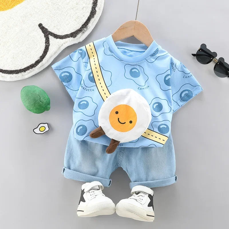 Conjunto Infantil Camiseta com Bolsa e Shorts Modelo Cartoon Lenogue Azul / 6-12 Meses