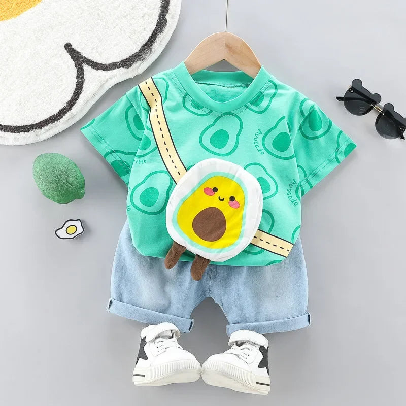 Conjunto Infantil Camiseta com Bolsa e Shorts Modelo Cartoon Lenogue Verde / 6-12 Meses