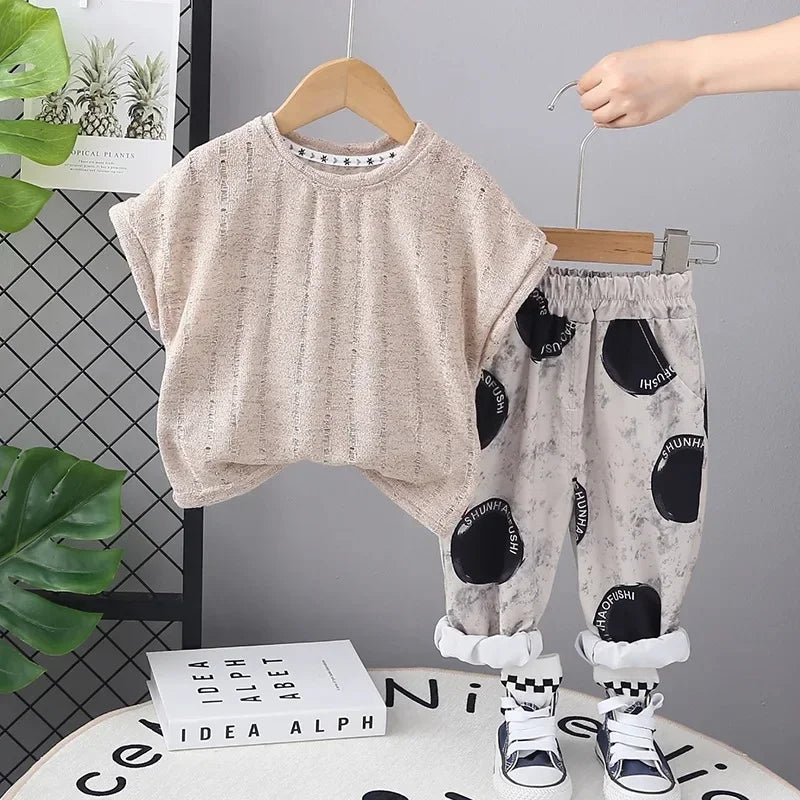 Conjunto Infantil Camiseta com Shorts Casuais de Verão Unissex Lenogue Bege / 6-12 Meses