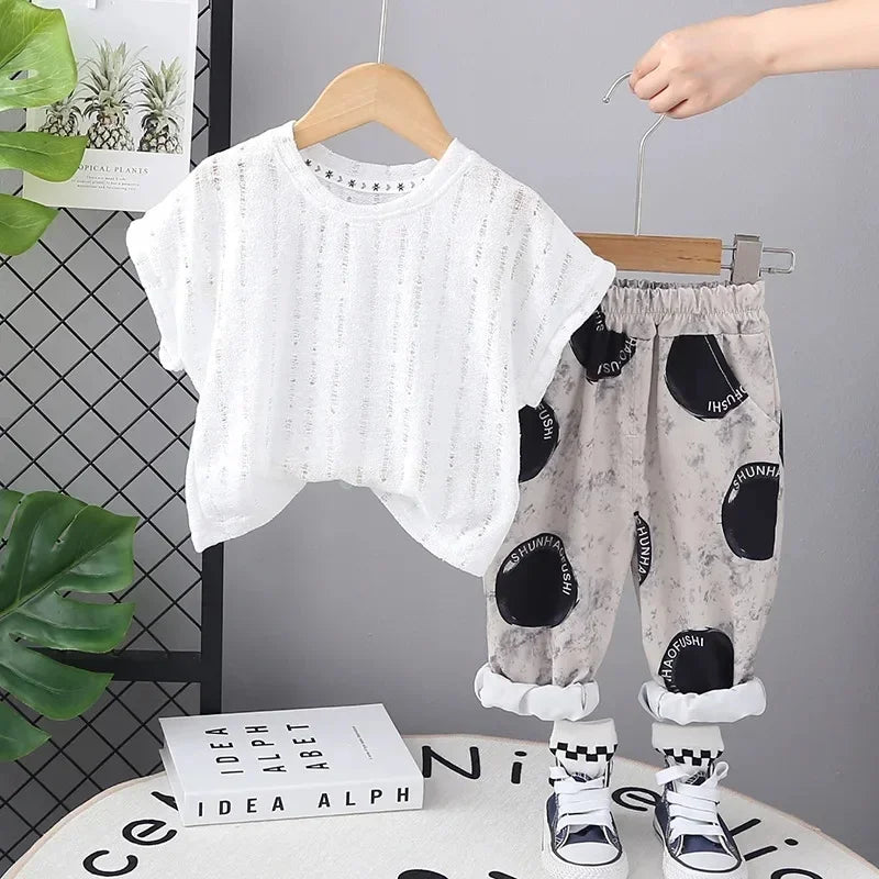 Conjunto Infantil Camiseta com Shorts Casuais de Verão Unissex Lenogue Branco / 6-12 Meses