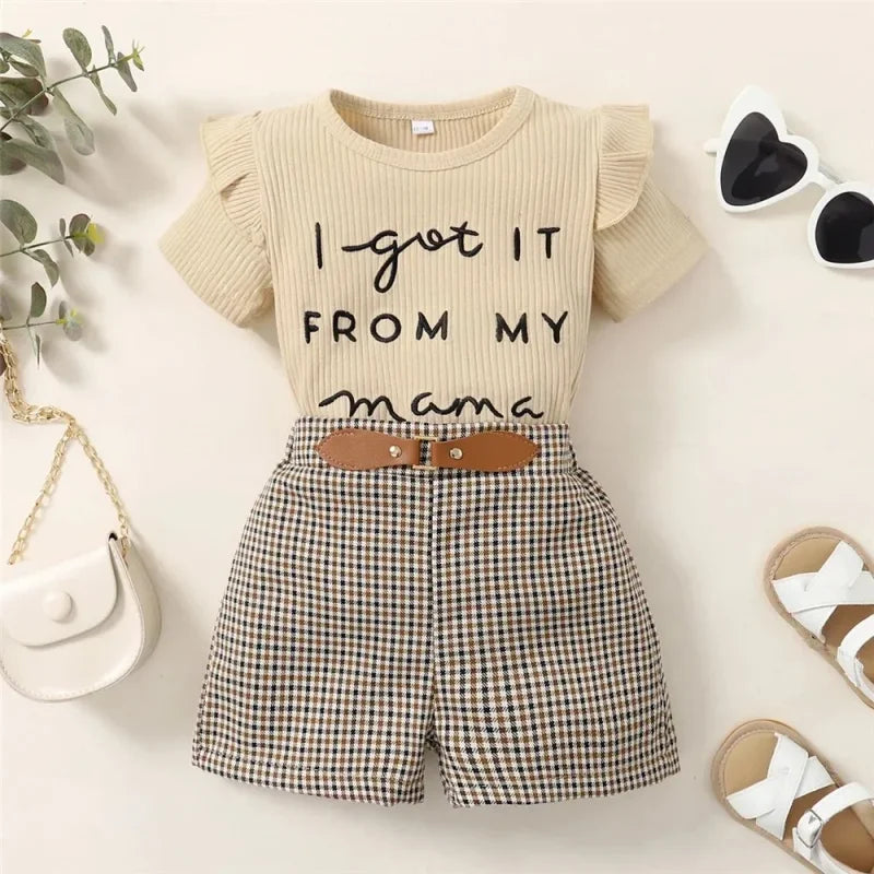 Conjunto Infantil Camiseta Estampa Letras Shorts Xadrez Lenogue Bege / 6-12 Meses