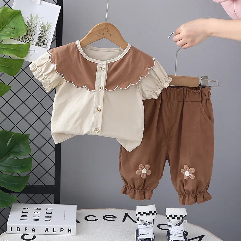 Conjunto Infantil Camiseta Manga Curta com Shorts Patchwork Lenogue Bege / 6-12 Meses