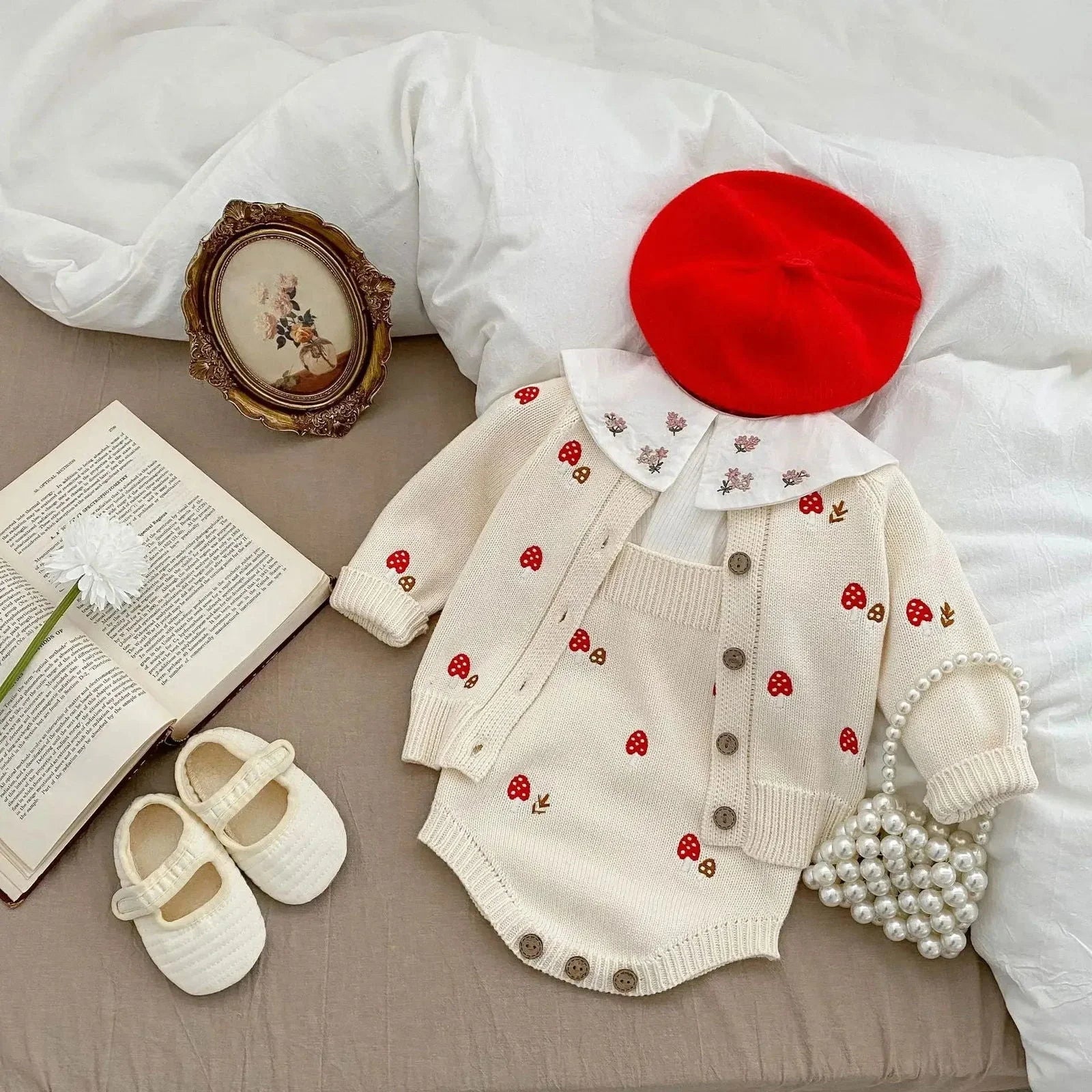 Conjunto Infantil Cardigan Tricot Mushroom Bege Lenogue / 3-6 Meses