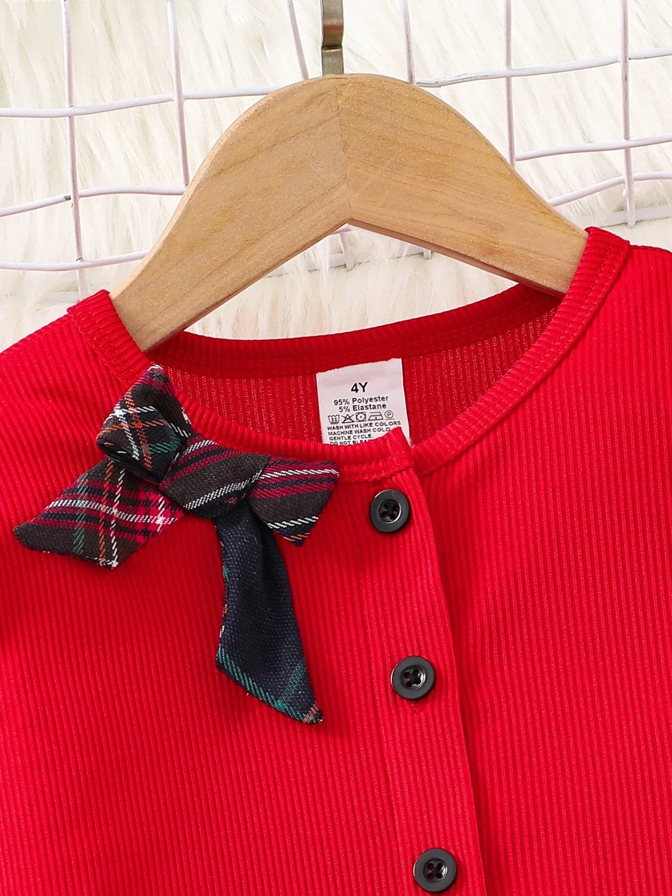 Conjunto Infantil Cardigan Vermelho Xadrez Laço Rétro Lenogue