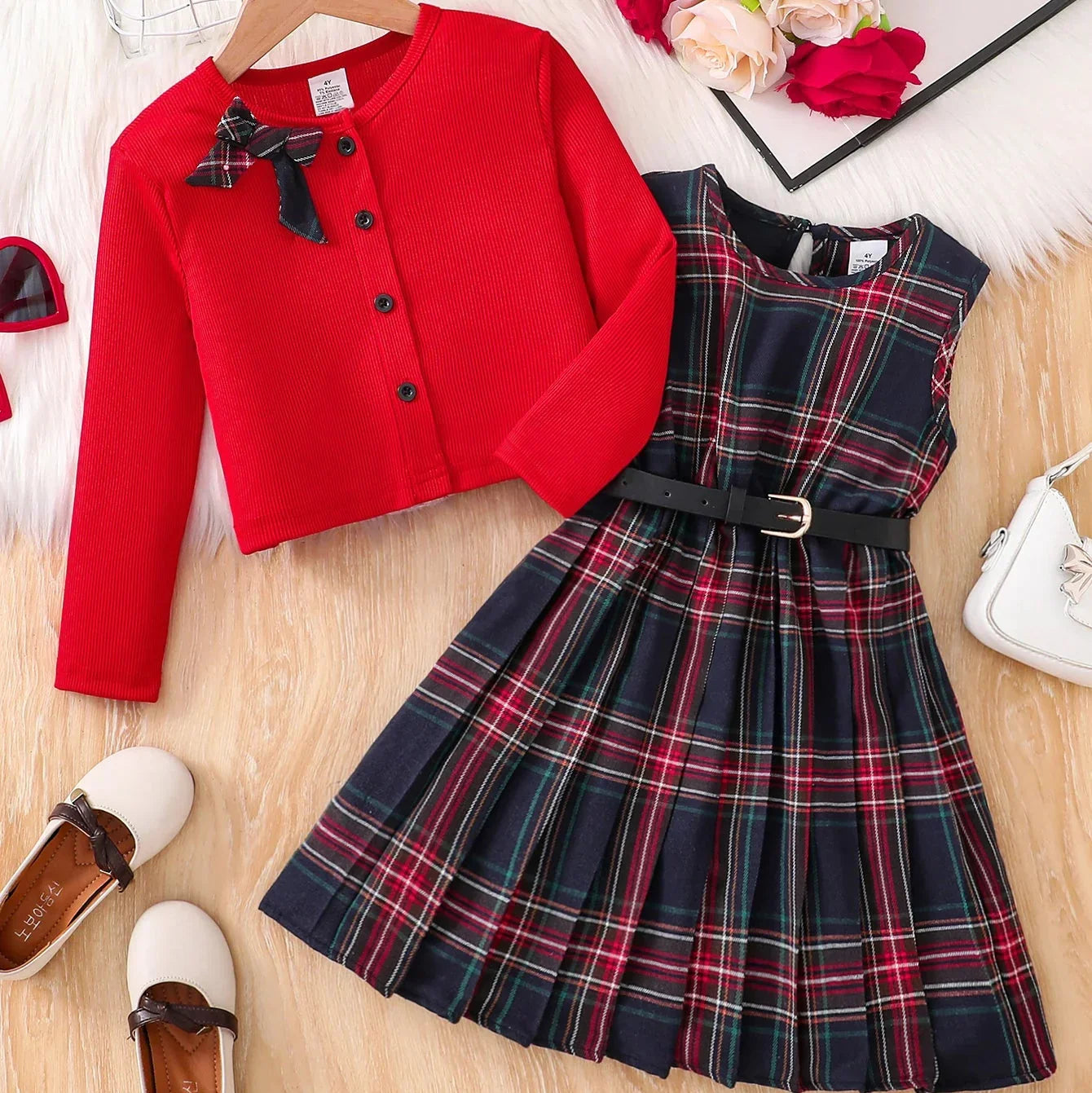 Conjunto Infantil Cardigan Vermelho Xadrez Laço Rétro Lenogue / 3-4